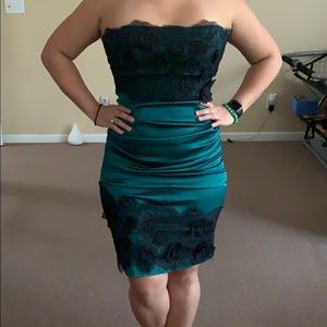 BCBG green satin and lace strapless dress Sz 10